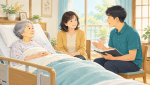 ベッドで過ごす高齢の女性と家族が、訪問施術の担当者に相談する様子のイラスト