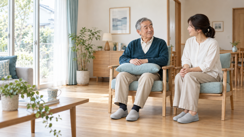 明るい自宅で、腕をクッションに支えながら家族と穏やかに話す高齢の男性