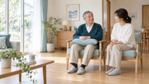 明るい自宅で、腕をクッションに支えながら家族と穏やかに話す高齢の男性