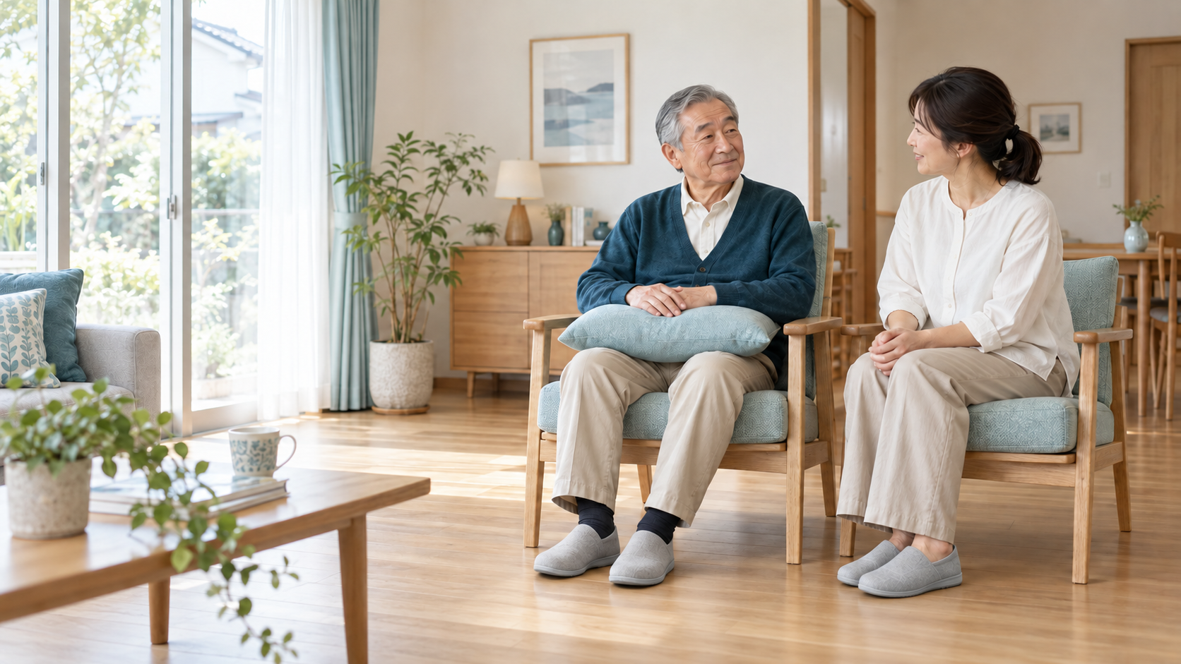 明るい自宅で、腕をクッションに支えながら家族と穏やかに話す高齢の男性